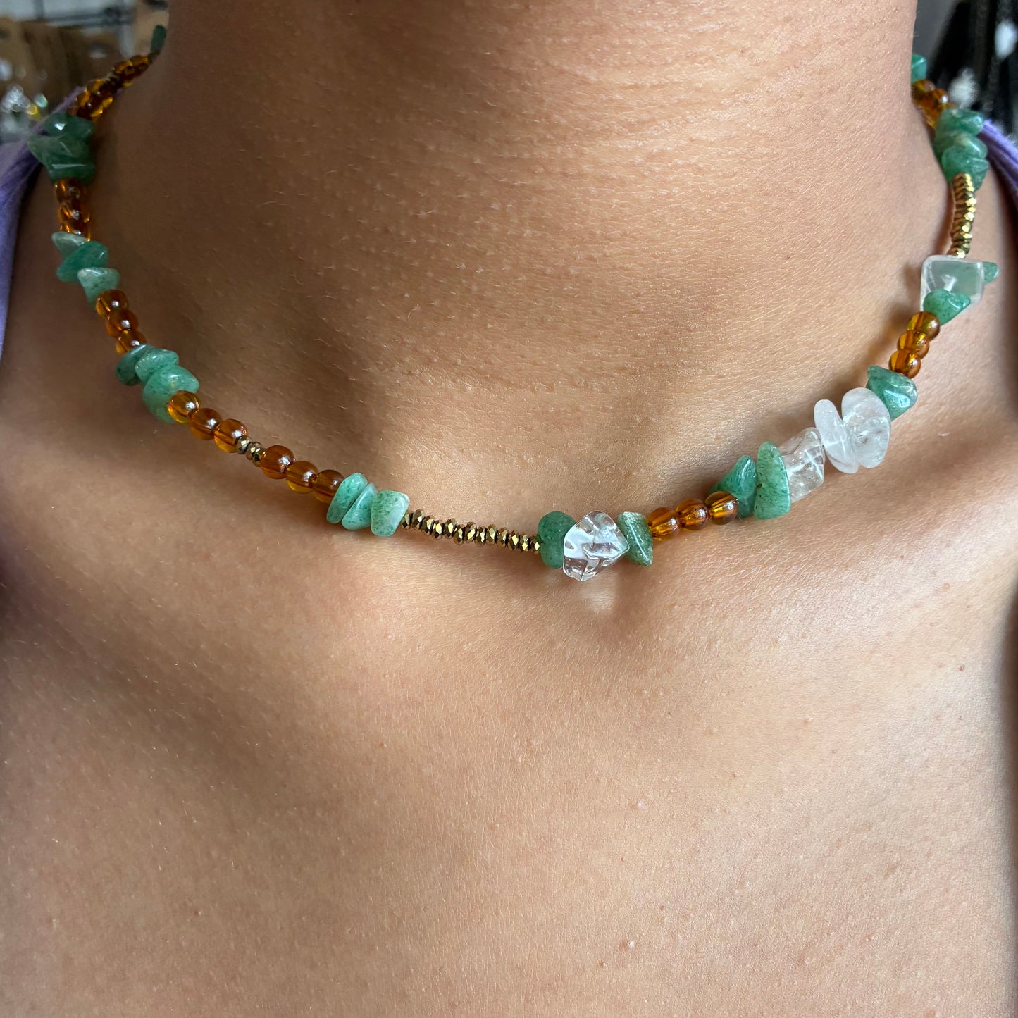 Handgemachte Kette mit Aventurin und Quarz